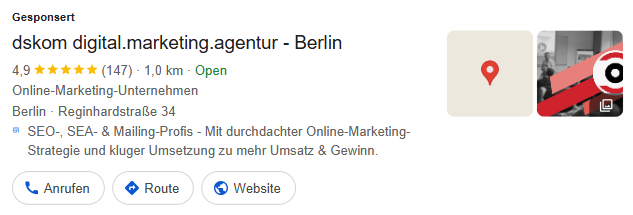Google Ads Anzeige mit Assets (Anzeigenerweiterungen)