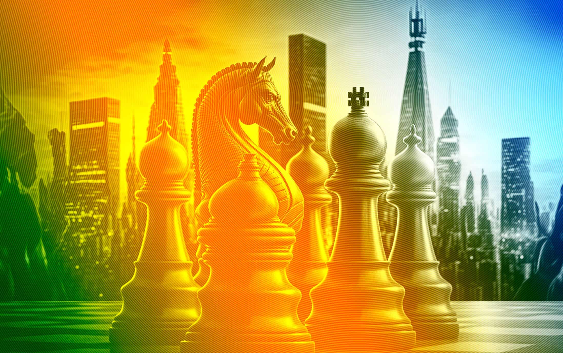 Stilisierte Schachfiguren. Skyline im Hintergrund