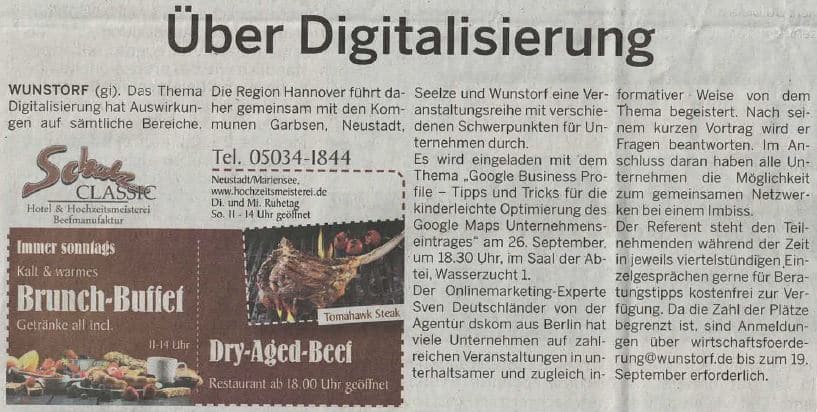 Der Unternehmerabend in Wunstorf hat es sogar in die Zeitung geschafft - Top-Thema Digitalisierung