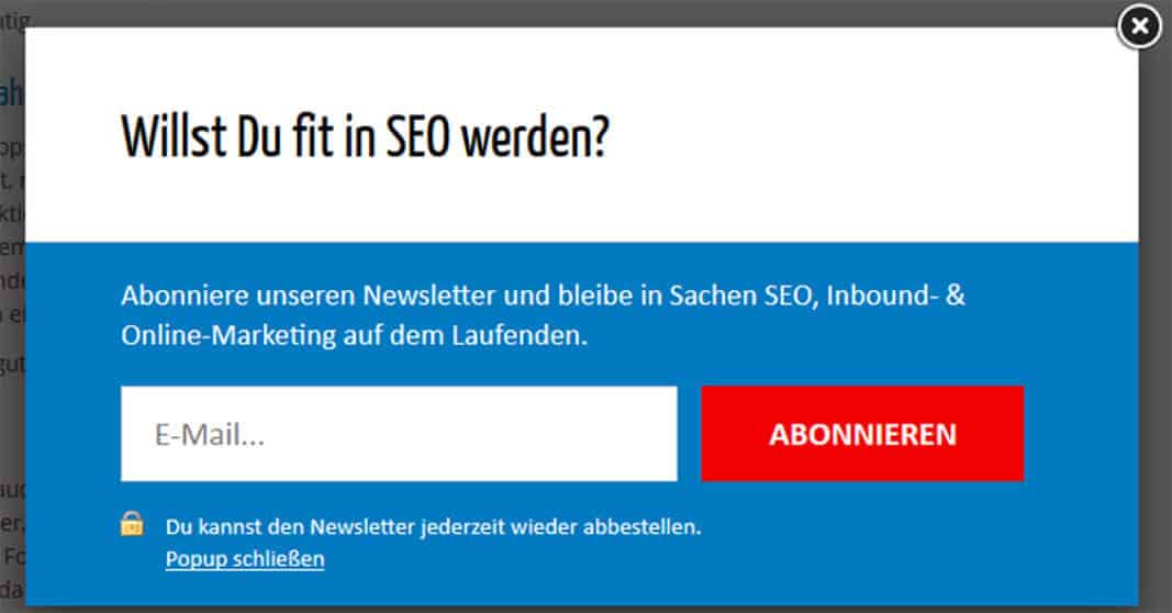 E-Mail-Newsletter Anmeldemaske als PopUp-Fenster auf der Website