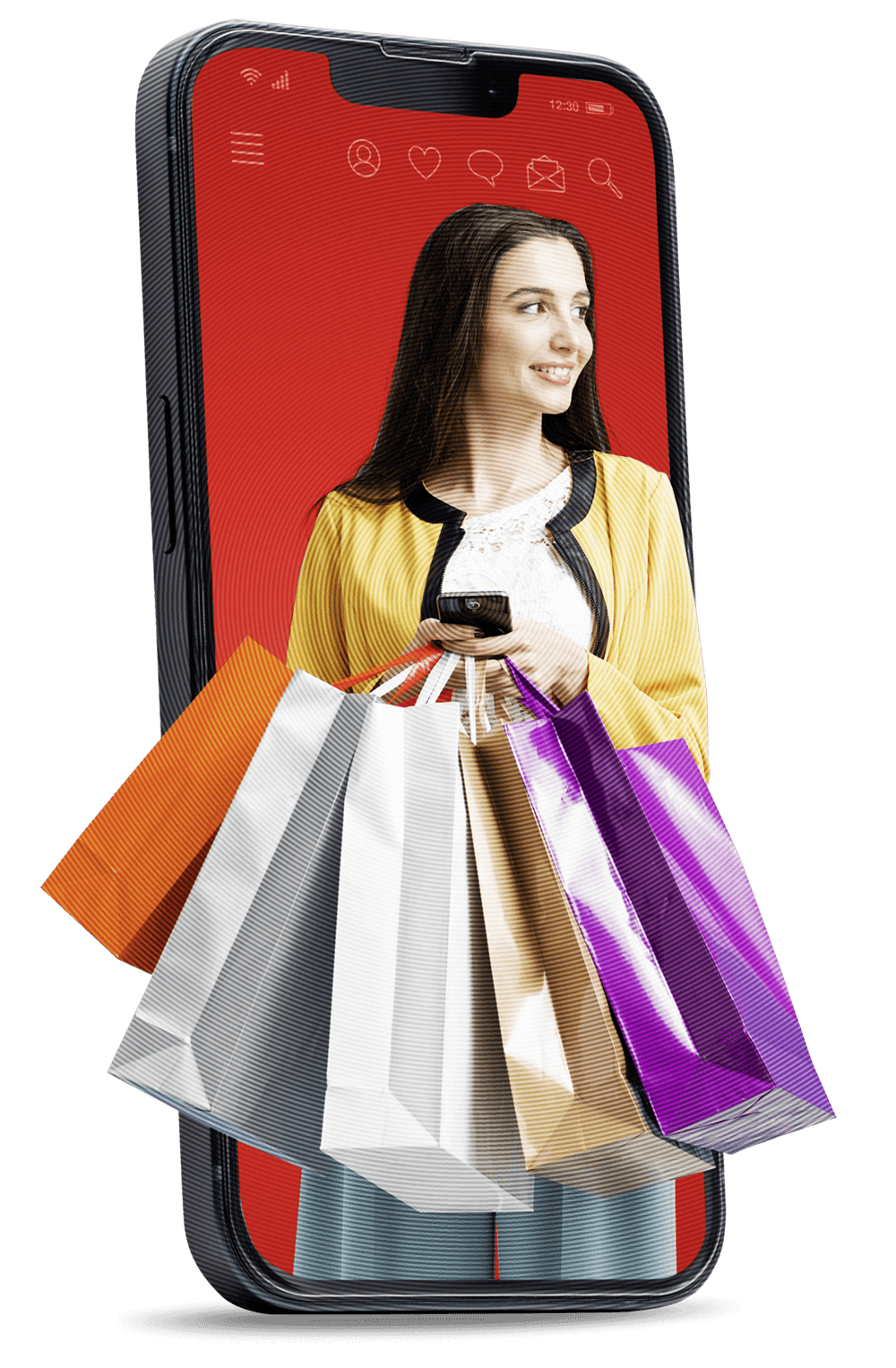 Junge Frau mit mehreren bunten Einkaufstüten in der Hand. Ein überdimensionales Smartphone im Hintergrund