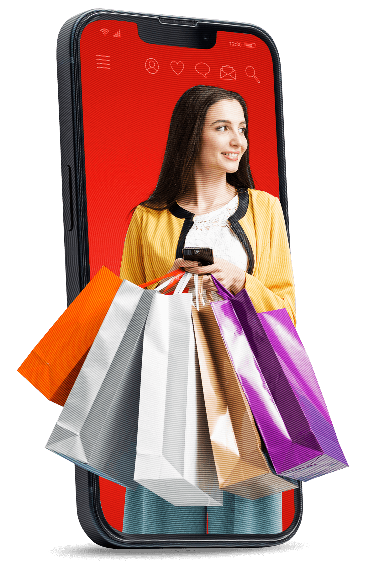 Junge Frau mit mehreren bunten Einkaufstüten in der Hand. Ein überdimensionales Smartphone im Hintergrund