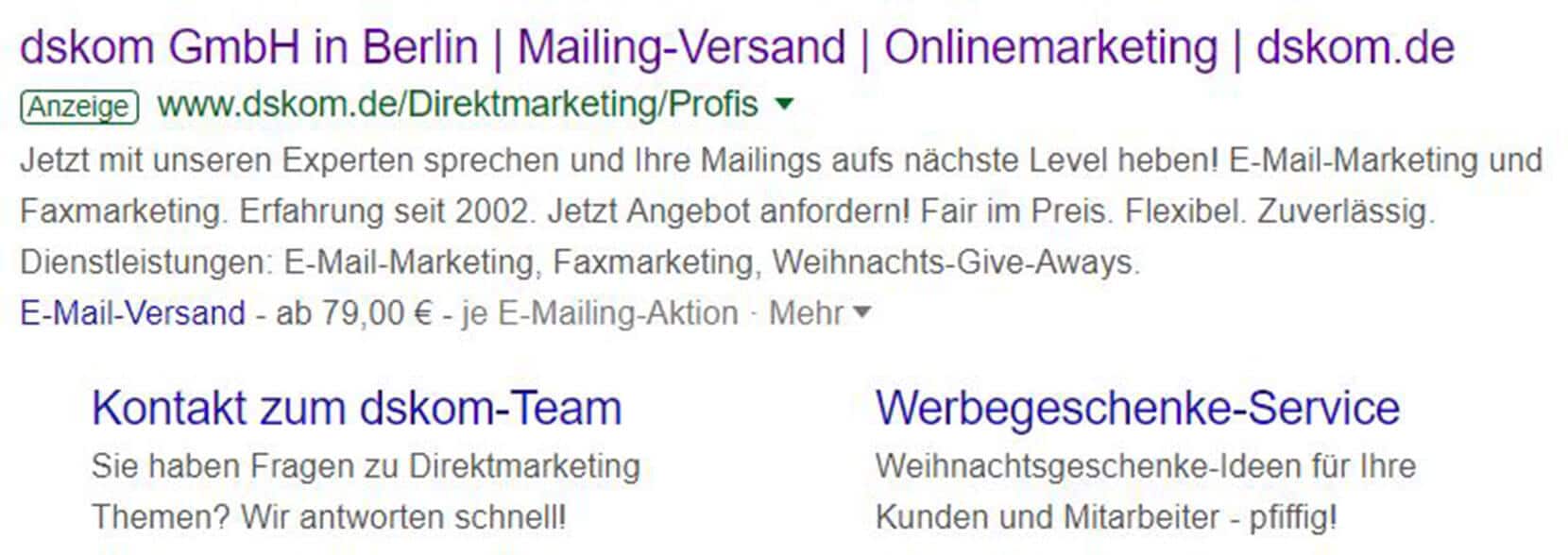 Google Ads Anzeige mit Erweiterungen