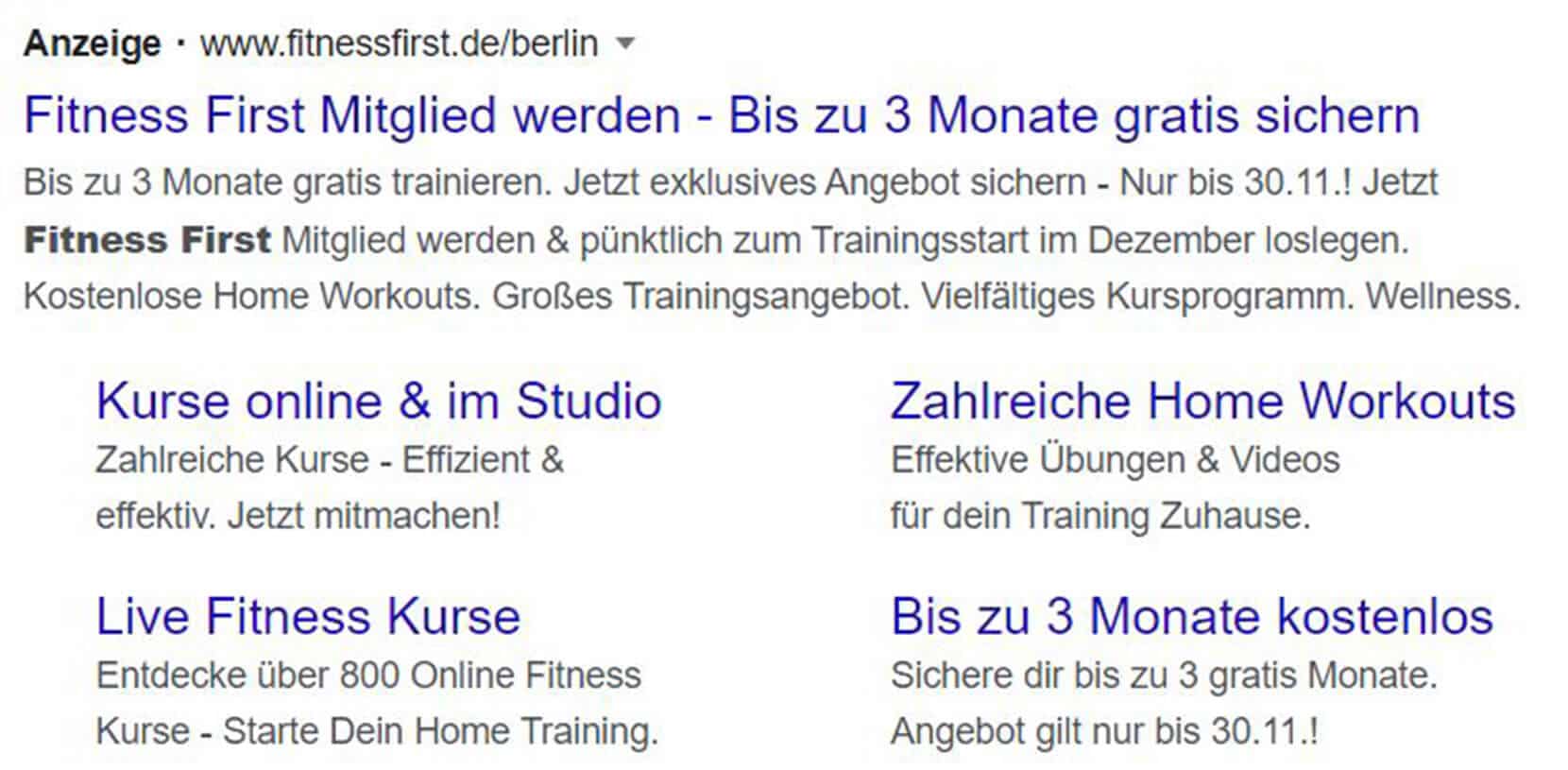 Google Ads Anzeigen mit Erweiterungen in den Suchergebnissen