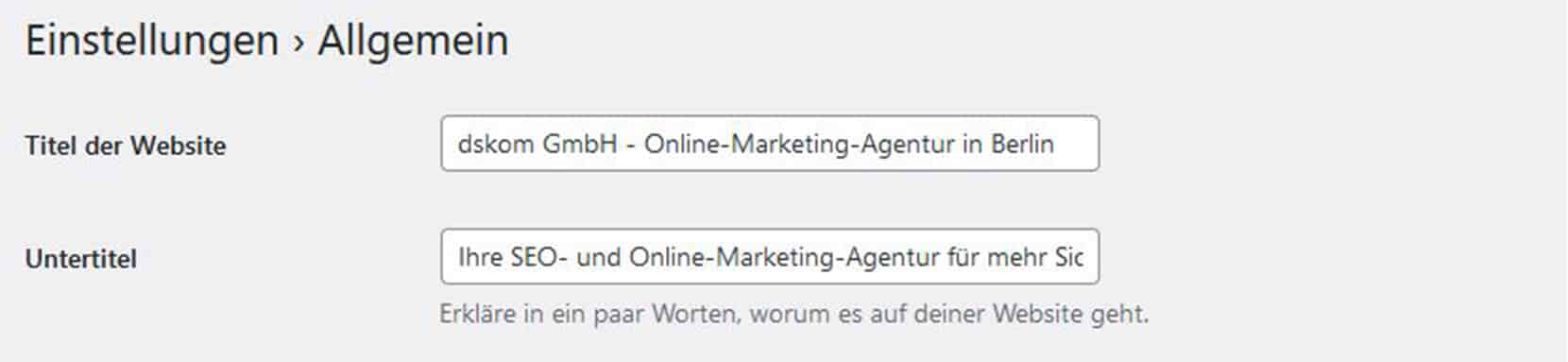 Wordpress-Einstellungen für Titel und Untertitel der Website