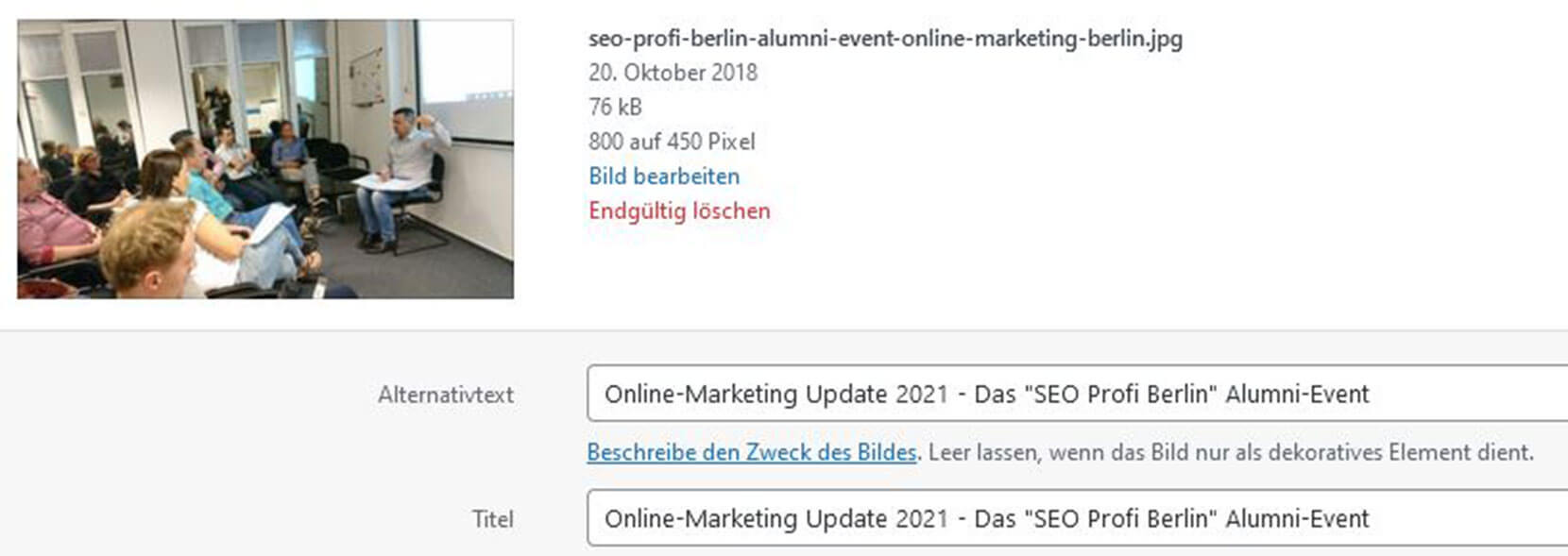 Alt-Tag und Title-Tag Eingabemasken für die Bilder im CMS WordPress