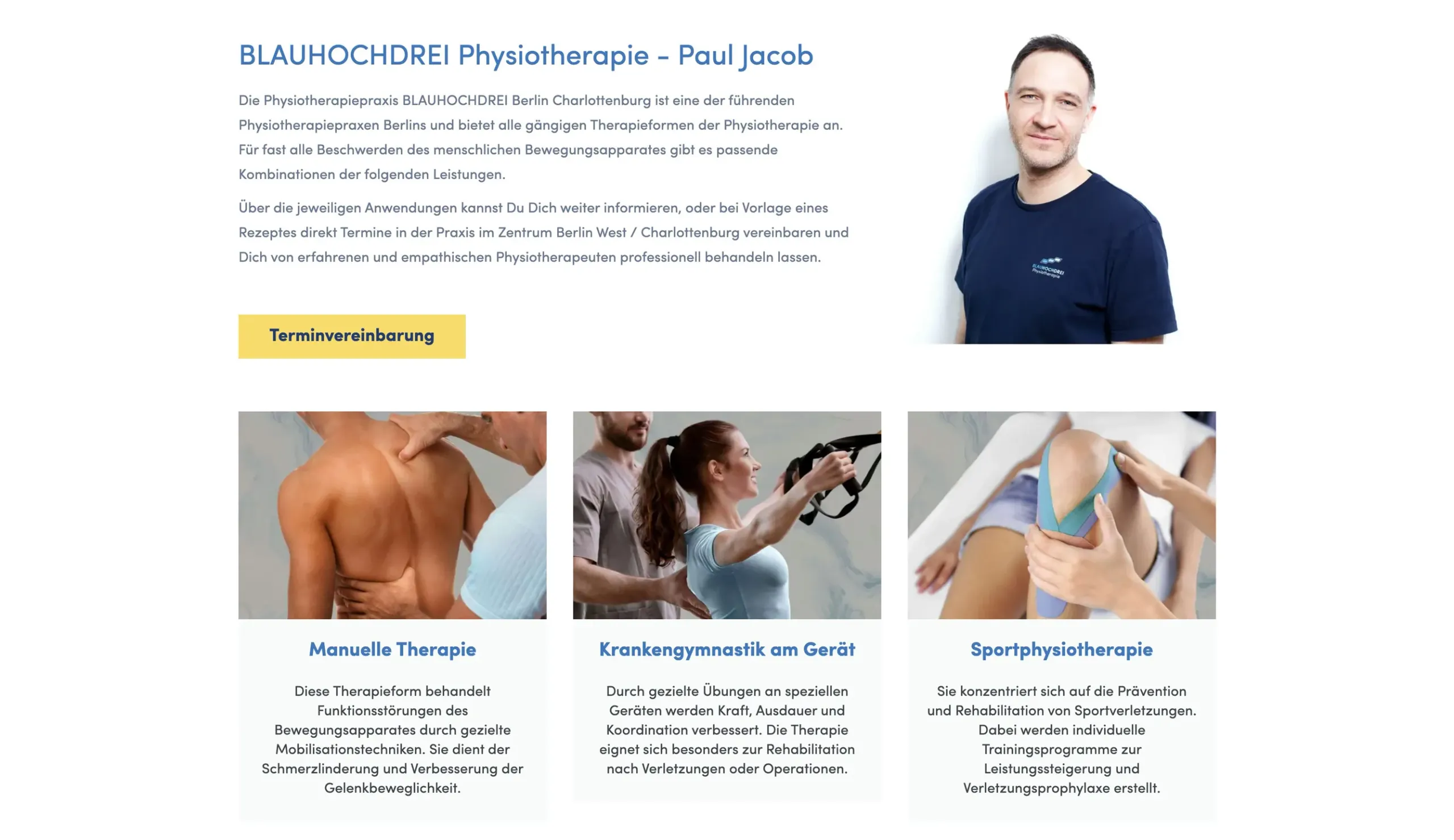 Leistungsseite der BLAUHOCHDREI-Physiotherapie in Berlin – SEO von dskom